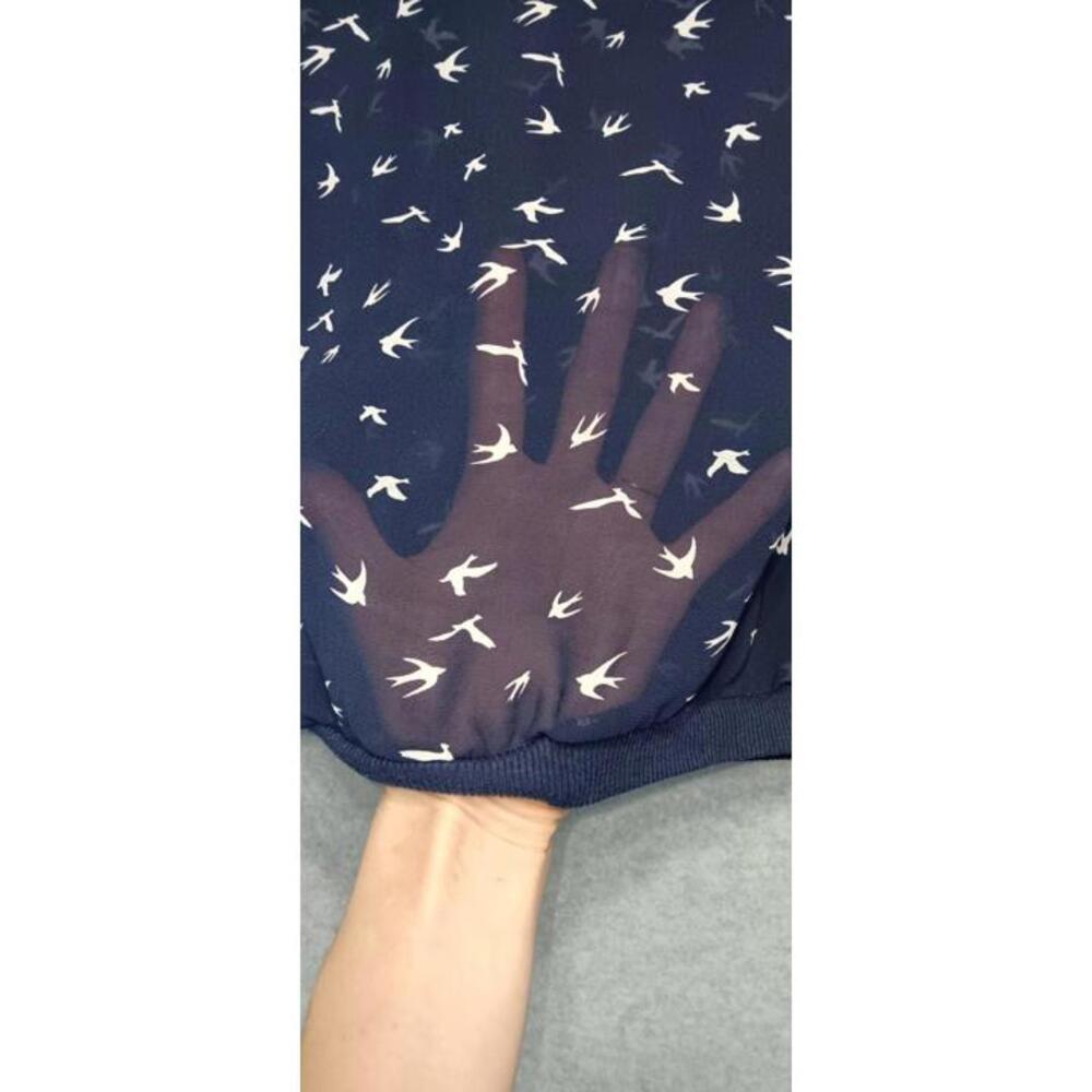 Wishful Park Long Sleeve Sheer Mesh Blouse Womens Size S Navy Blue Birds - Picture 5 of 11